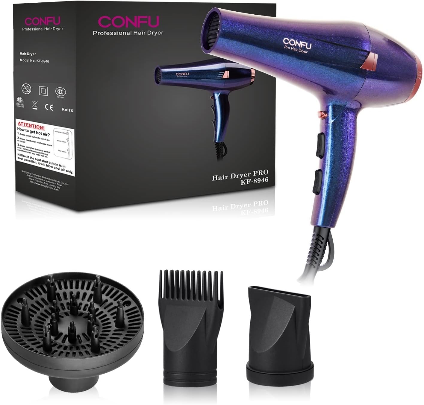 Professional Ionic Hair Dryer with Diffuser and Concentrator, Purple