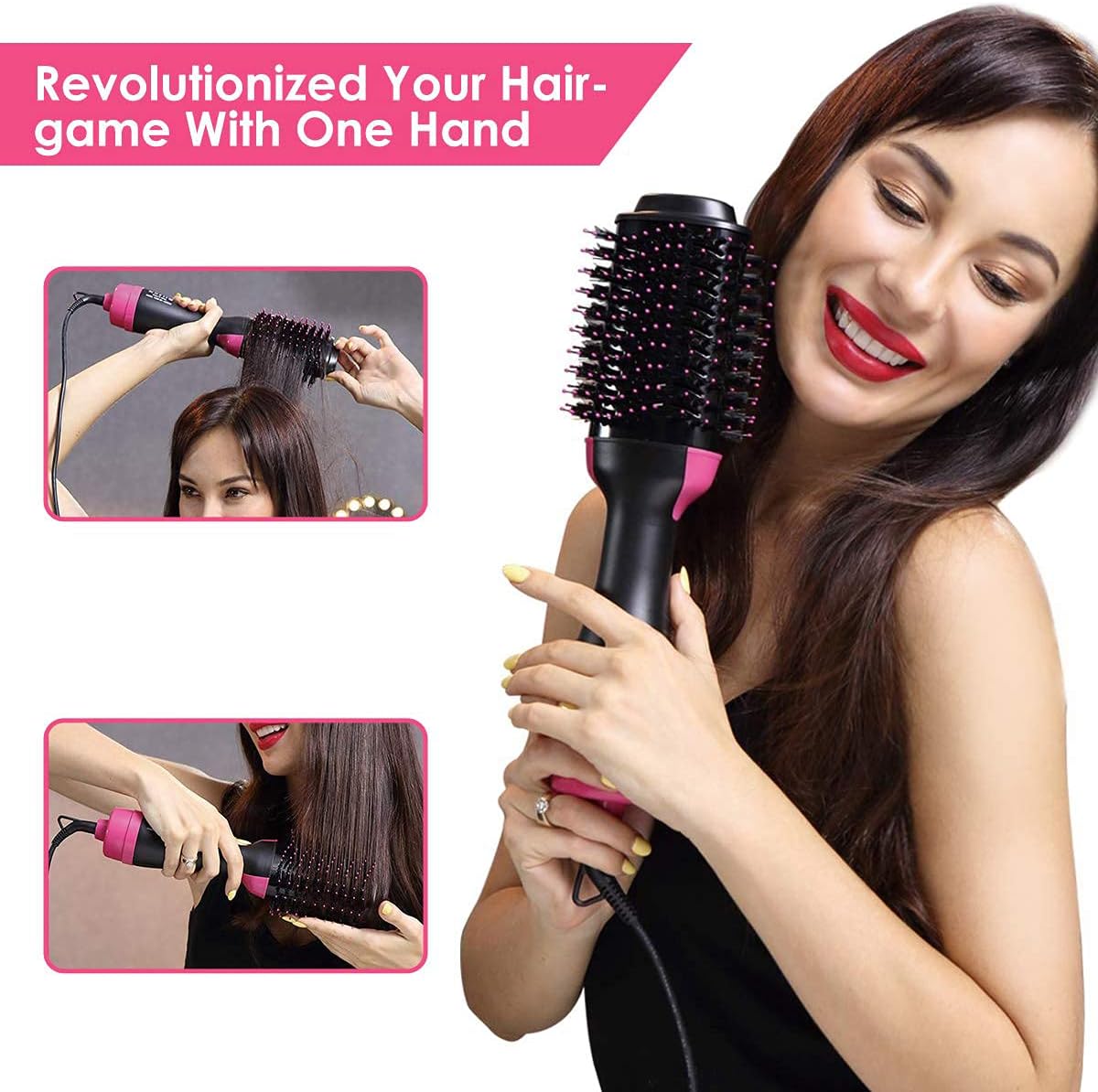 4-in-1 Hair Dryer Brush with Negative Ion Ceramic Barrel - Pink