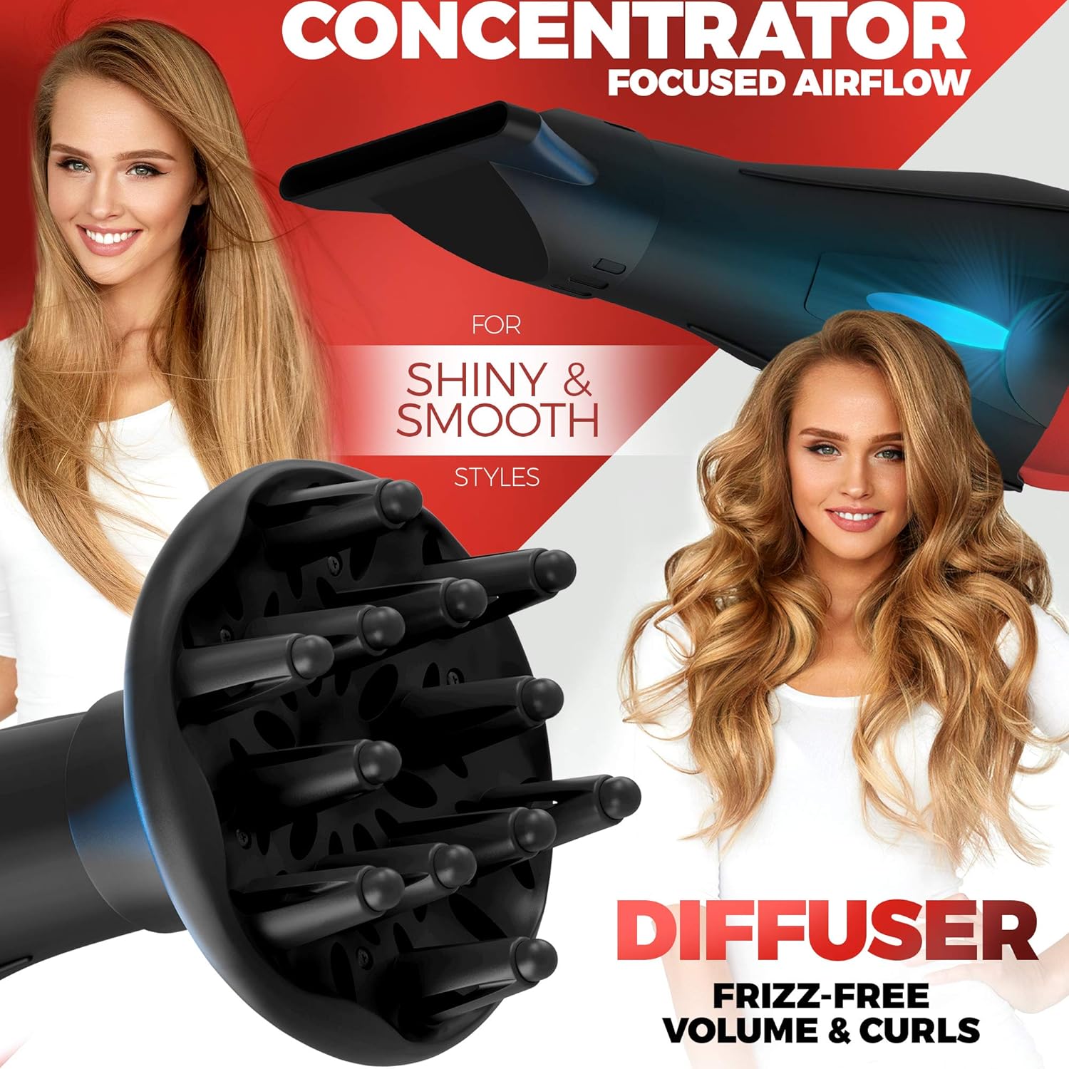 Ionic Salon Hair Dryer with Diffuser & 2 Nozzle Attachments